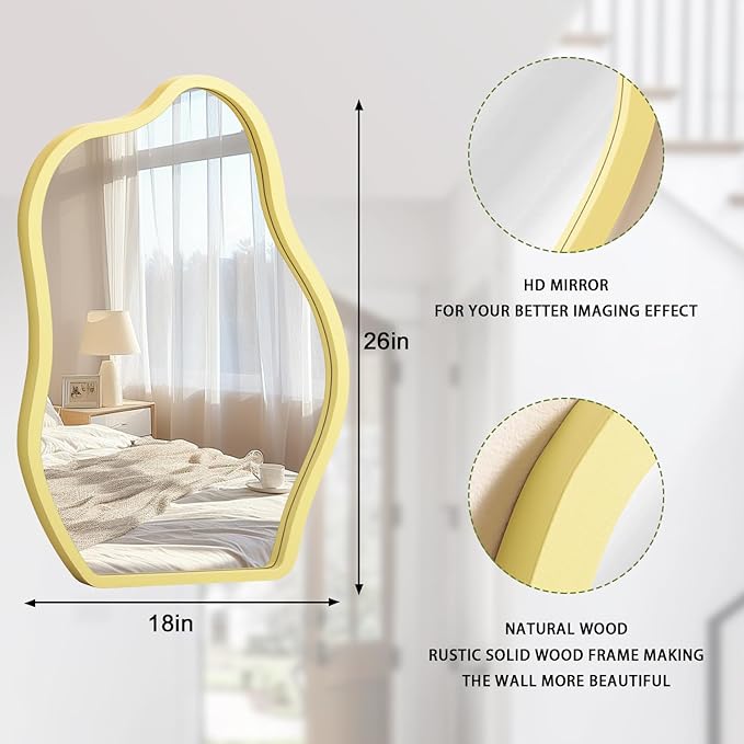 Yellow Irregular Wooden Framed Mirror Hanging Asymmetrical Mirror for Wall Modern Wall Mirror Unique Shape Decorative Vanity Bathroom Living Room Bedroom Entryway Hallway Artistic Large Mirrors