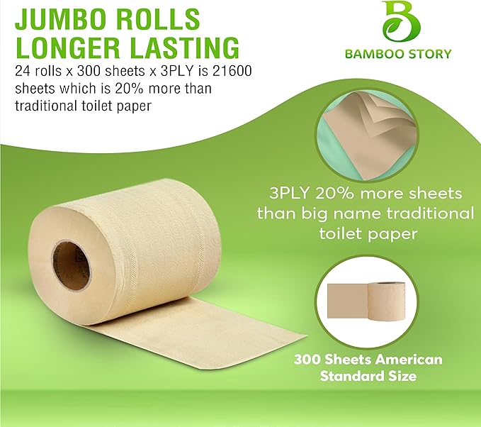 Premium Bamboo Toilet Paper, PFAS Free, Chemical Free Toilet Paper, Unbleached, (24) 3PLY & 300 Sheets, FSC Certified, Organic Brown, Plant-Based, Tree-Free, Plastic Free, BPA Free (24)