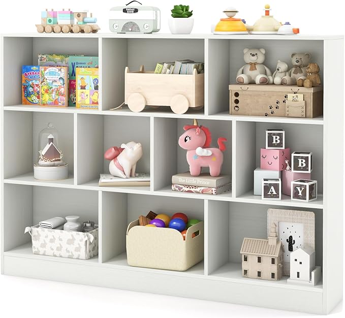 HONEY JOY Kids Toy Storage Organizer, 10-Section Wooden Floor Storage Cabinet, 41” Daycare Toy Chest, 3-Tier Kids Display Bookshelf for Classroom, Playroom & Nursery, Kindergarten (White)