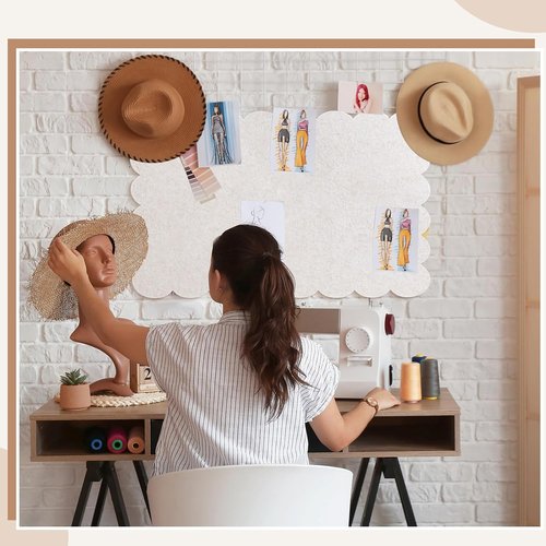 Mooliwe Scalloped Felt Bulletin Board - 36 x 18 Inches Foldable Beige Cork Board Alternative