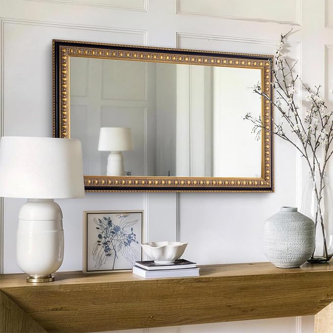 Vintage Gold Mirror for Wall Decor, 43" L x 27" W Baroque Mirror with Carved Frame and Handmade Aged Gold Finish, Rectangular Wood Mirrors for Living Room Bathroom Fireplace
