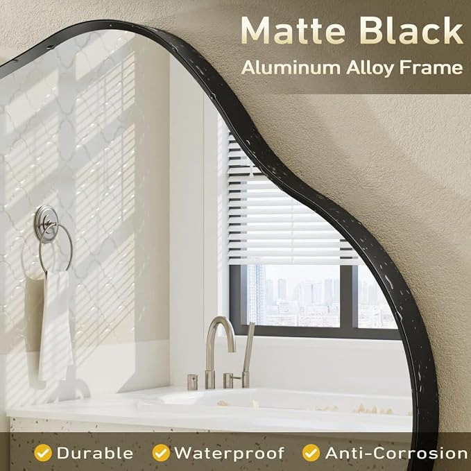 60x32 Black Matte Irregular Wall Mirror, Large Black Asymmetrical Bathroom Mirror, Decorative Aluminum Frame for Bathroom Bedroom, Shatterproof, Anti-Rust (Horizontally/Vertically)