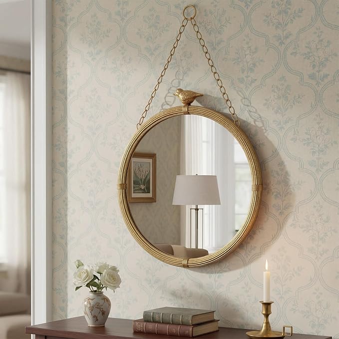 Vercraft Vintage Gold Decorative Wall Mirror with Bird Accent, 20" Large Round Hanging Mirror with Chain, Antique Style Metal Frame Accent Mirrors for Entryway Bedroom Bathroom