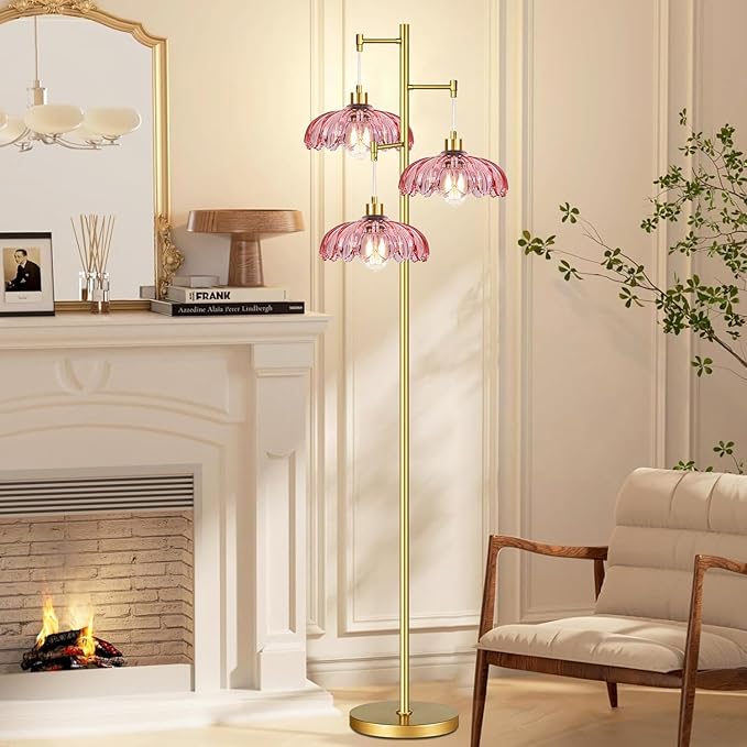 ILLMTW Pink Floor Lamp for Living Room,Bedroom,Gold Flower Mid Century Modern Standing Lamp Brass Tree 3 Light Tall Floor Lamps Vintage Floor Lights Glass Lamp Shade Farmhouse Boho Bohemian