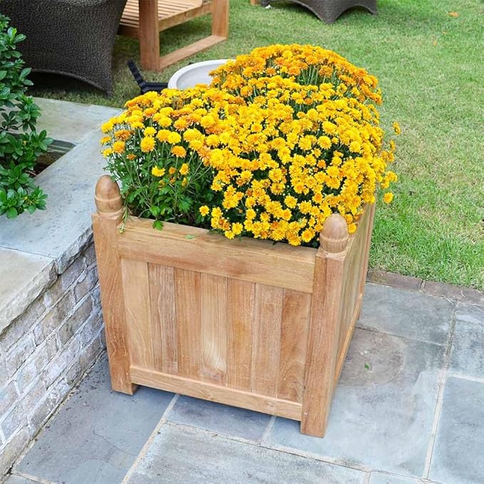 Ash & Ember Grade A Teak 25in Square Planter Box, Indoor Outdoor Large Cubed Flower Box, Weather Resistant Backyard Decor