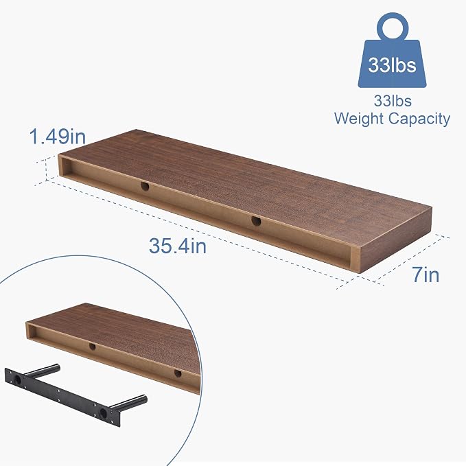 Floating Shelves for Wall, Bathroom Shelves Over Toilet, Wall Shelves & Book Shelf for Room, Hanging Shelf, Modern Wooden Mounted Floating Shelves, 36x7x1.5 in (Walnut-Like, Set of 2)