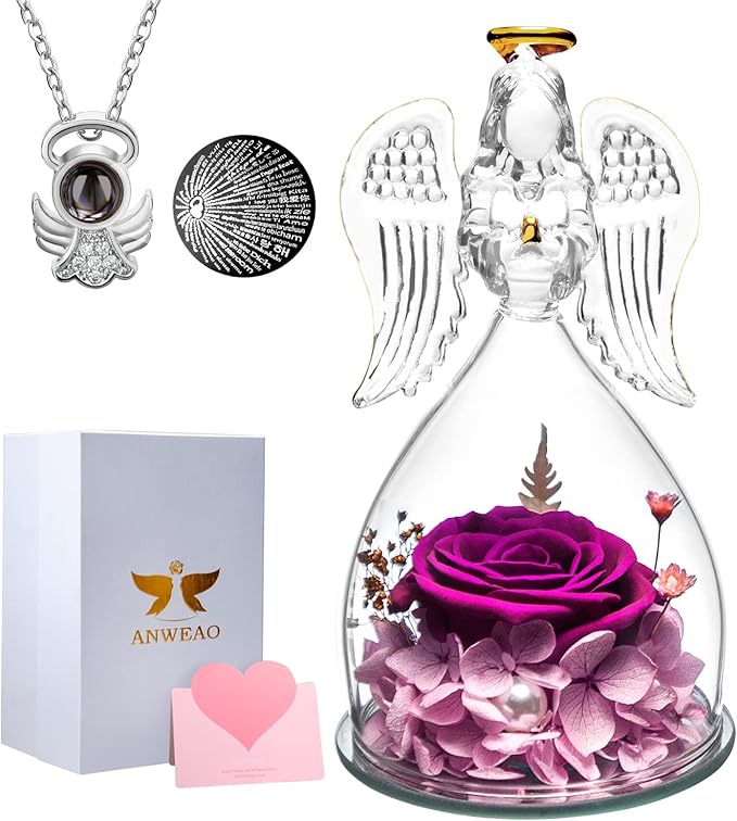 Christmas Women Gifts for Mom Birthday Gifts for Mom,Angel Birthday Gifts for Women Preserved Flower Rose in Glass Angel Figurines with Necklace, Purple Flower Gifts for Grandma Mother Sister Wife Her
