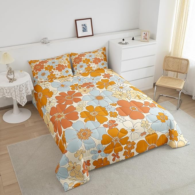 Castle Fairy Retro 70s 60s Floral Hippie Comforter Set Full Size,Summer Groovy Flowers Bedding Comforters Room Decor,Boho Plant Quilt Set with 2 Pillowcases,Teens Present