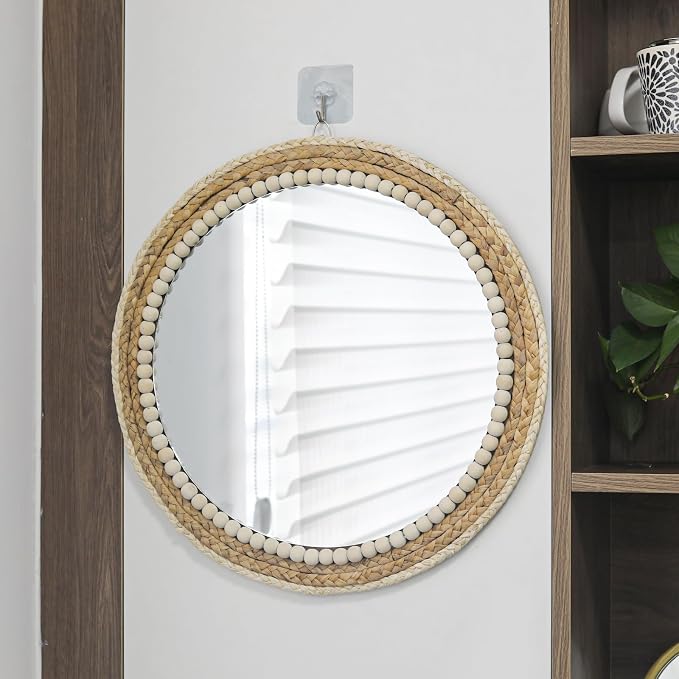 18 Inch Boho Round Hanging Wall Mirror Decorative Rattan Circle Mirrors for Farmhouse, Living Room, Bedroom