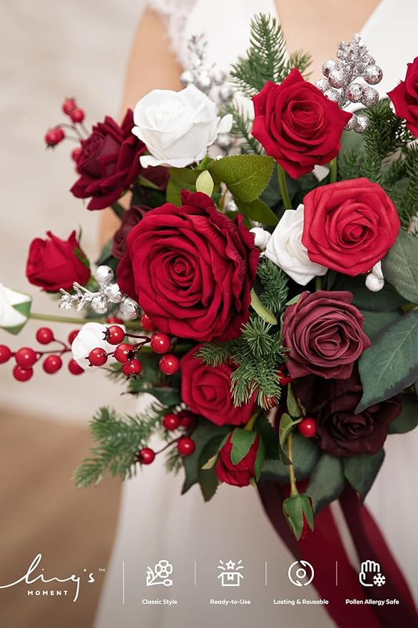 Ling's moment Christmas Red Wedding Bouquets for Bride, Xmas Winter Bridal Bouquets for Bride,13 Inch Free Form Artificial Wedding Flower Bouquet