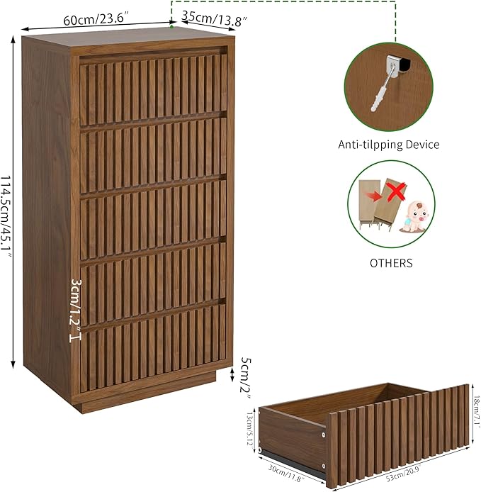 Fluted Tall 5 Drawer Dresser, Mid Century Dresser for Bedroom, 45 Inch Wood Chest of Drawers, Modern Closet Clothes Organizer, Walnut Wooden Storage for Living Room, Brown