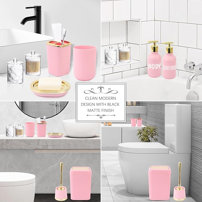 XLHOMO Pink Bathroom Accessories Set - 10 Piece Bathroom Accessory Set with Trash Can, Soap Dispenser, Soap Dish, Toothbrush Holder and Cup, Toilet Brush, Qtip Holder, Bathroom Decor Sets Complete