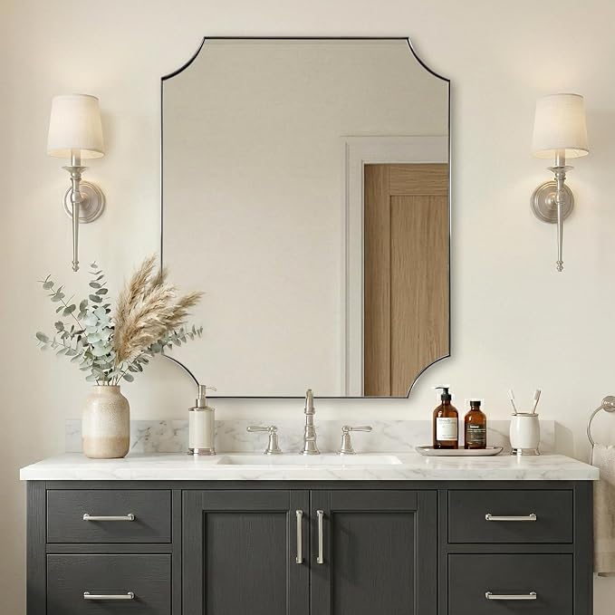 ANDY STAR 24"x30" Brushed Nickel Vanity Mirror, Scalloped Rectangle Mirror, Silver Wall Mirror in Rustproof Stainless Steel Thin Frame, Aesthetic Scalloped Corners, Designed for Bathroom Remodel