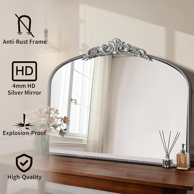 Micasso Vintage Silver Arched Mirror: 36"x29" French Baroque Antique Wall Mounted Mirror - Traditional Ornate Decorative for Wall/Fireplace/Entryway/Bathroom/Hallway - Home Decor for Living Room