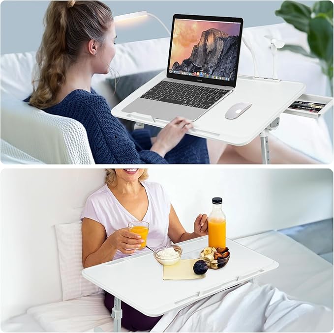 iXTRA Laptop Lap Desk with Cooling Fan - Adjustable with Light, USB, Storage Drawer - Folding Bed Desk,23.62"*15.74",White