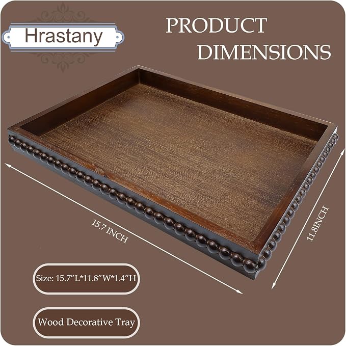 Hrastany Wood Decorative Tray, Distressed Outdoor Serving Tray with Wooden Bead for Ottoman, Coffee Table, Entertaining, Home Decor, Rectangular 15.7”*11.8”*1.57” (Dark Brown)
