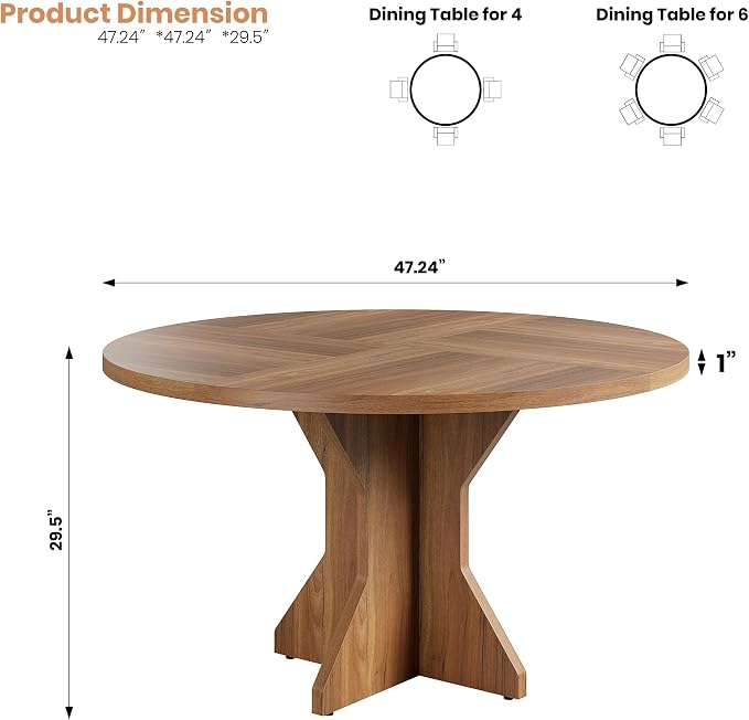 Garvee Round Dining Table for 4-6 People - 47" Circle Kitchen Dinner Table with Sturdy Pedestal Base, Small Spaces Dinning Room Furniture for Living Room, Kitchen, Apartment, Brown