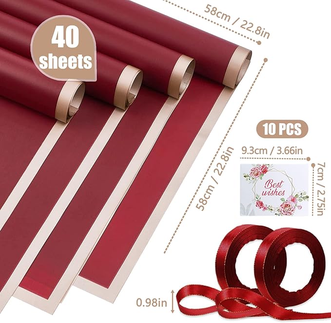 40 Sheets Dark Red Flower Wrapping Paper, Gold Edge Waterproof Floral Wrapping Paper, 22.8x22.8 inch Bouquet Paper Wrap with 2 Rolls Ribbon for Wedding Birthday Gift DIY Crafts Florist Supplies