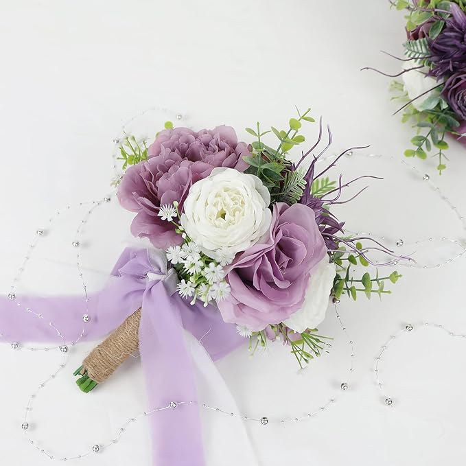 Bridesmaid Bouquets for Wedding 1 Pack - 9 Inch Artificial Flowers Bouquets for Ceremony Anniversary Centerpieces Decorations - Dusty Purple
