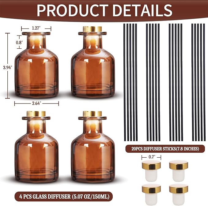 4 Pack Perfume Reed Diffuser Bottle,Empty Big Belly Aromatherapy Essential Oil Bottles Glass Jar with Black Sticks for DIY Fragrance Replacement Diffuser Sets (150ml/ 5 oz, Dark Brown Color)