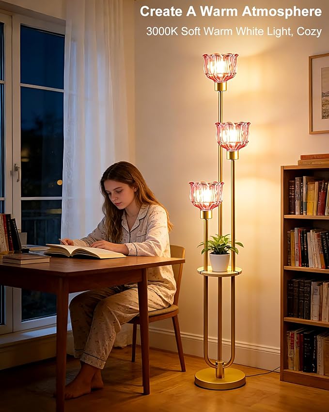 Lightdot Glass Floor Lamp for Living Room 3-Lights Modern Gold Floor Lamp with Rose Red Glass Shade 3000K Bulbs Included Unique Standing Lamp with 5Lbs Heavy Base for Bedroom/Sofa Beside/Corner Decor