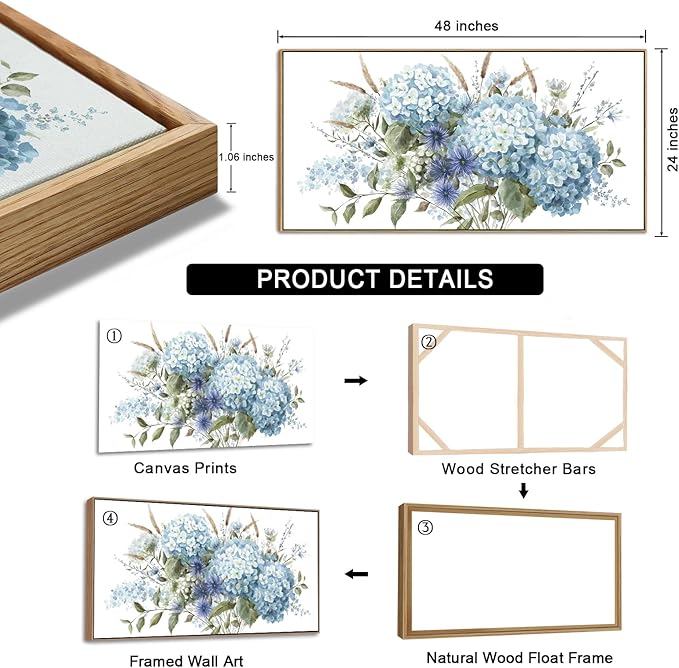 VEAEE Framed Flowers Canvas Wall Art - Blue Floral Canvas Pictures, Living Room Wall Decor, Blue Hydrangea Botanical Canvas Prints Painting Abstract Artwork Bedroom Office Home Decor 24"x 48"