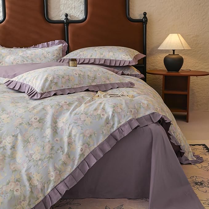 Ruffle Duvet Cover Set Twin Girls Cute Flower Duvet Cover with Purple Ruffles Cottagecore Bedding Vintage Floral Comforter Cover with 2 Pillowcases Princess Lace Bedding Flower Comforter Cover Twin