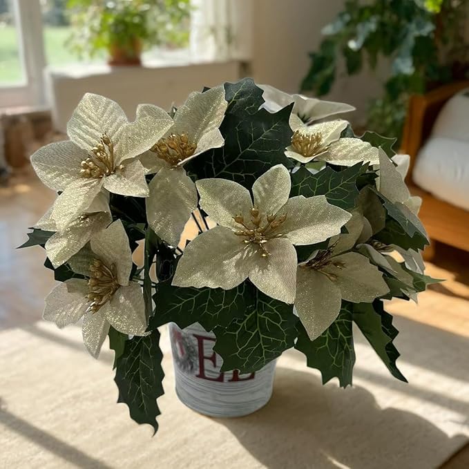 8 Pack 5 Heads Christmas Artificial Poinsettia Flowers Faux Poinsettia Bush Bouquets Silk Poinsettia Christmas Tree Ornaments Poinsettia Flower Arrangement for Home Decor