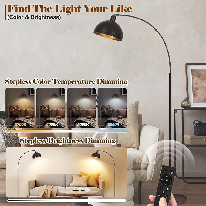 Bronze Arch Floor Lamps for Living Room Dimmable - Upgraded 9W LED Arc Lamp with 4 Color Temperatures, Remote Control Rustic Arched Floor Lamp, Reading Standing Lamp for Bedroom (Bulb Included) Brown