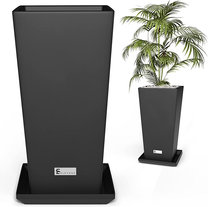 Elevens Outdoor Planter Larger Flower Pots Indoor Taper Garden V-Shape Tall Planters 30 inches Garden Pots Planter with 2 Trays - Black（2 Packs）, 30"-2 Pack (USAM004)