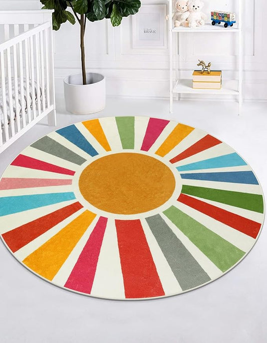 STARUIA Boho Washable Rug 5 Ft Round Area Rug for Bedroom, Rainbow Circle Kids Rugs for Office, Non-Slip Circluar Carpet Soft Sunshine Rugs for Dorm Nursery Sofa Living Room Corner
