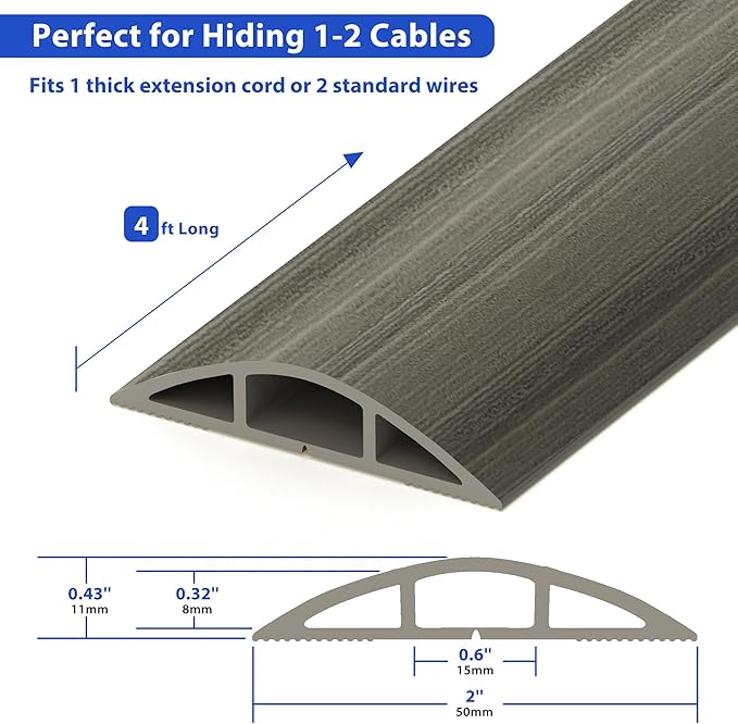 Floor Cord Cover 4ft, Gray Oak Wood Wire Hider Hide Extension Cords, Floor Cable Management Cover, PVC Cable Protector Cord Cavity W0.6in x H0.32in