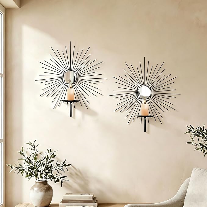 2 Set Candle Sconces Wall Decor for Living Room Metal Sunburst Mirrored Modern Gold Wall-Mounted Candle Holder Sconces Hanging Mounted Fireplace Farmhouse Wedding