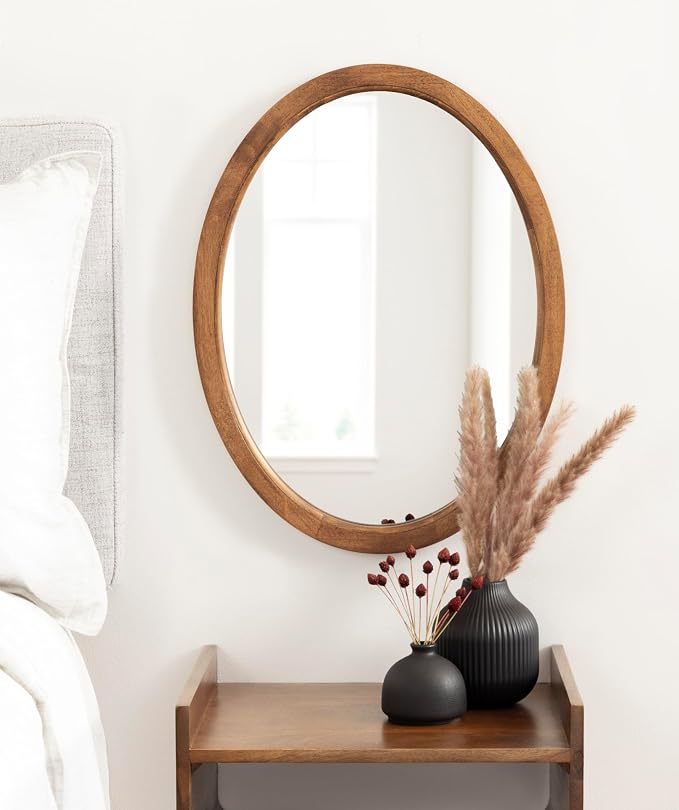 Kate and Laurel Hogan Farmhouse Oval Framed Wall Mirror; 18 x 24; Natural Rustic; Decorative Traditional Wood Mirror with Soft Curvature and Oval Shape