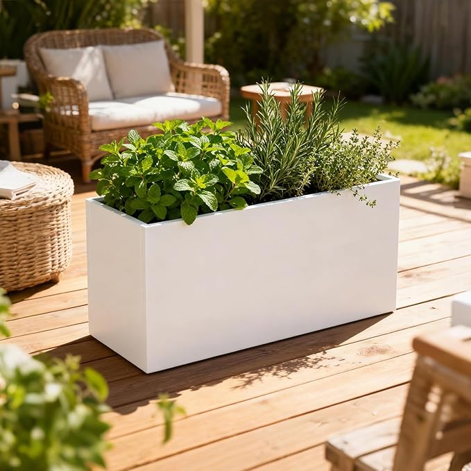 Metal Rectangular Planter White Steel Rectangle Planter Box 36" L x 12" W x 16" H Outdoor Indoor Galvanized Steel Large Planters Modern Commercial Residential for Plants Porch Patio