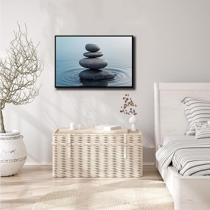 Zen wall art Harmonious grey stones stacked on a calm surface of water Serene Zen decor suitable for tranquil homes and spaces of meditation 8x12in Metal blackFramed