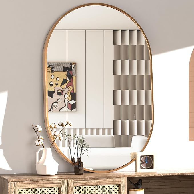 Oval Bathroom Mirror Capsule Wall Vanity Mirror, 24"x36" Pill Mirrors Wall Mounted Mirror, Large Modern Mirror with Gold Metal Frame, Decor for Entryway, Bedroom