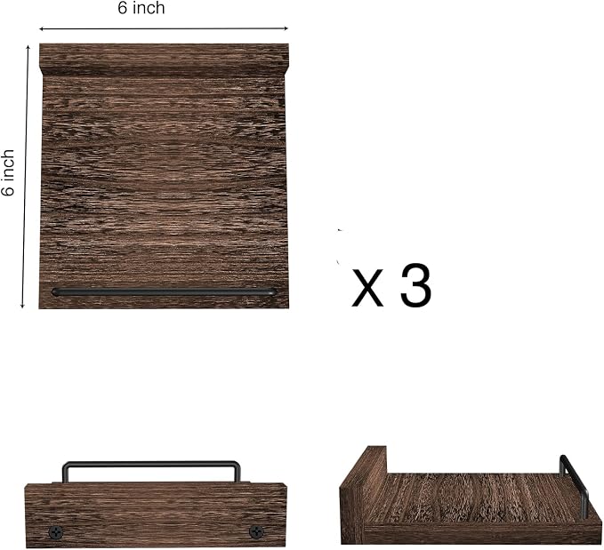 RYOFOBETTO Small Floating Shelf, 6X6 Inches Farmhouse Wall Shelves for Living Room, Bedroom, Picture Frames, Plants, Kitchen, Set of 3 (Brown)