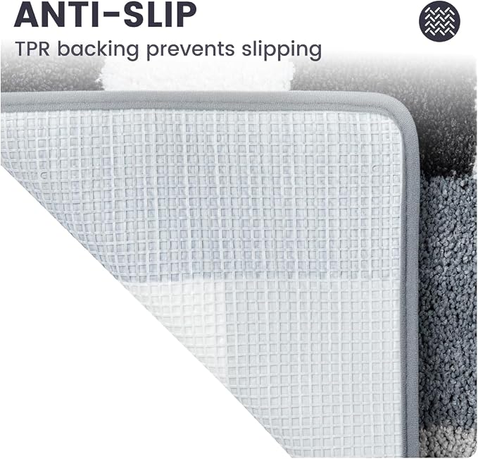 U Shape Checkered Bath Mat - Super Absorbent, Soft and Thick, Rubber Backing Non-Slip, Machine Washable Shower Rug, Bath Mat, Bathroom Home Decor Accessories, 20"x22" (50x55cm), Black