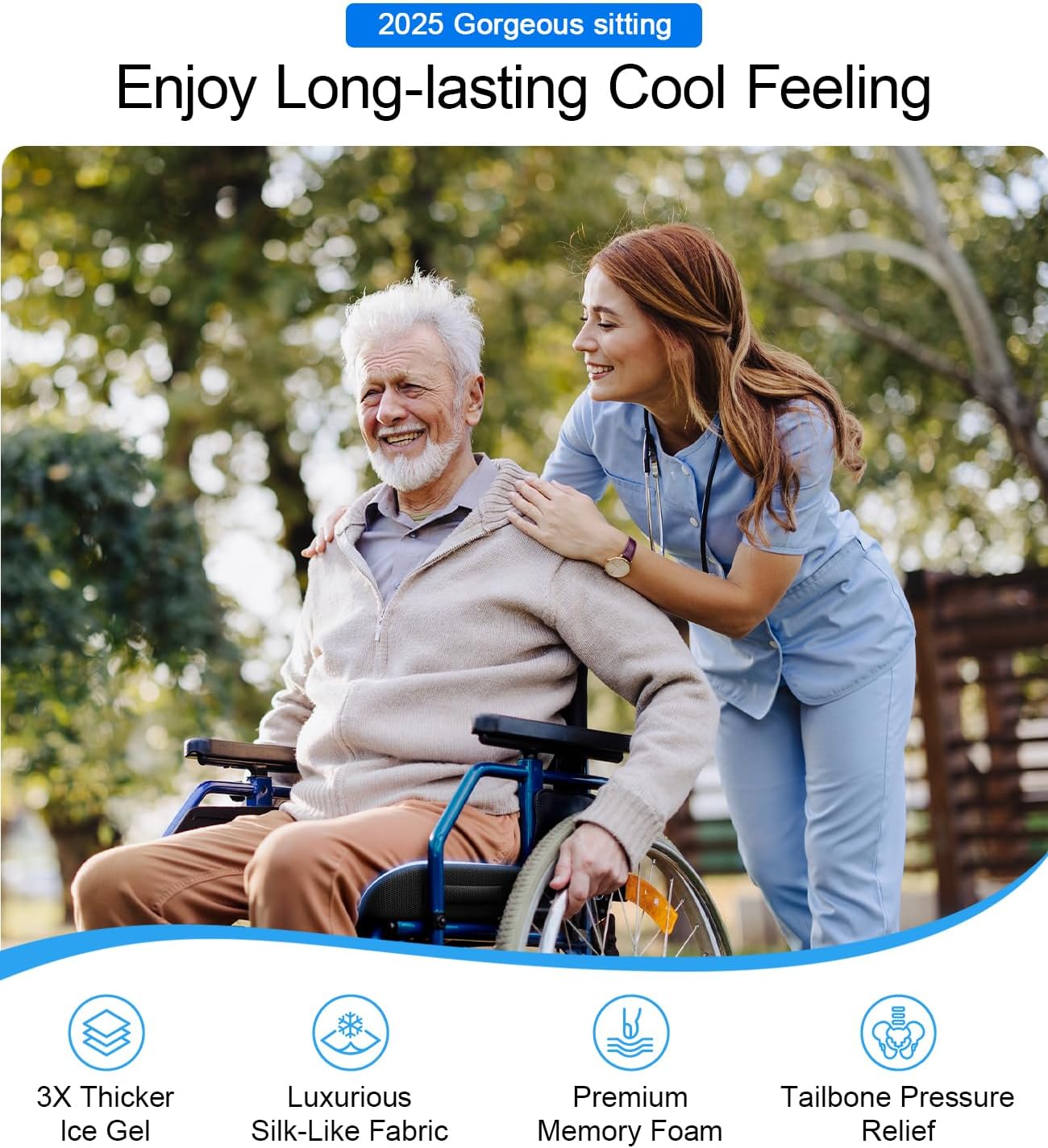 Skiennix Wheelchair Seat Cushion - Ergonomic Cooling Gel with Waterproof Silk Fabric | Hip Support & Sciatica Relief