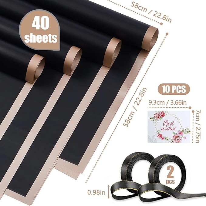 Luerbi 40 Sheets Black Flower Wrapping Paper, Gold Edge Waterproof Floral Wrapping Paper, 22.8x22.8 inch Bouquet Paper Wrap with 2 Rolls Ribbon for Wedding Birthday Gift DIY Crafts Florist Supplies
