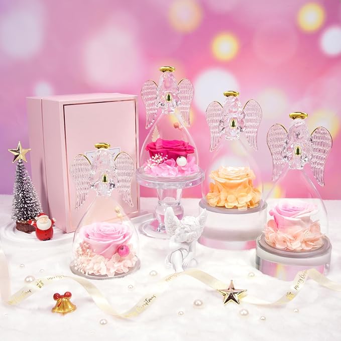 Sunia Preserved Flower Rose Gift for Women - Mother's Day Birthday Gifts for Mom Wife Grandma, Glass Angel Figurines Forever Real Roses Gifts for Her Valentine Day Thanksgiving﻿ (Gradient Pink)