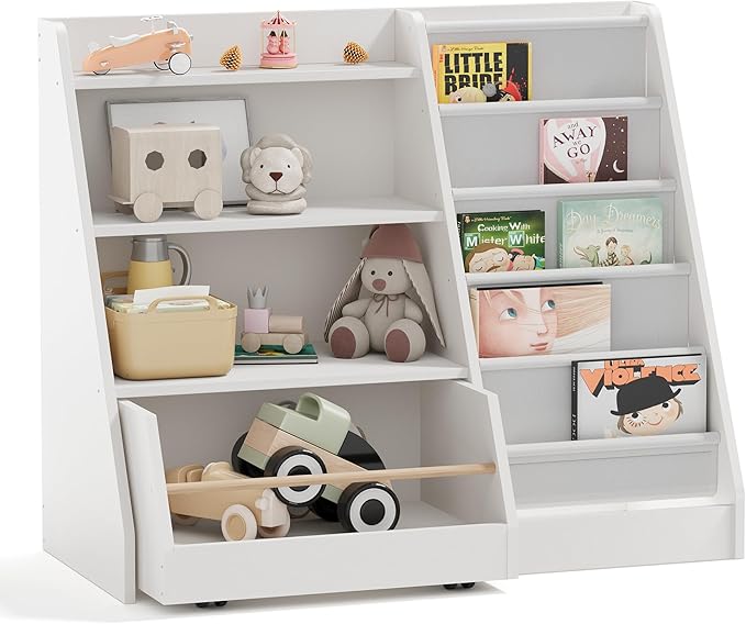 NACHES Kids Bookshelf,Toddler Bookcase Toy Bin with 1 Drawer 3 Sling Pockets –Children Bookshelf with Storage for Bedroom,Nursery or Playroom FSC Wood,Trapezoid 35" W, White (1 Movable Drawer)