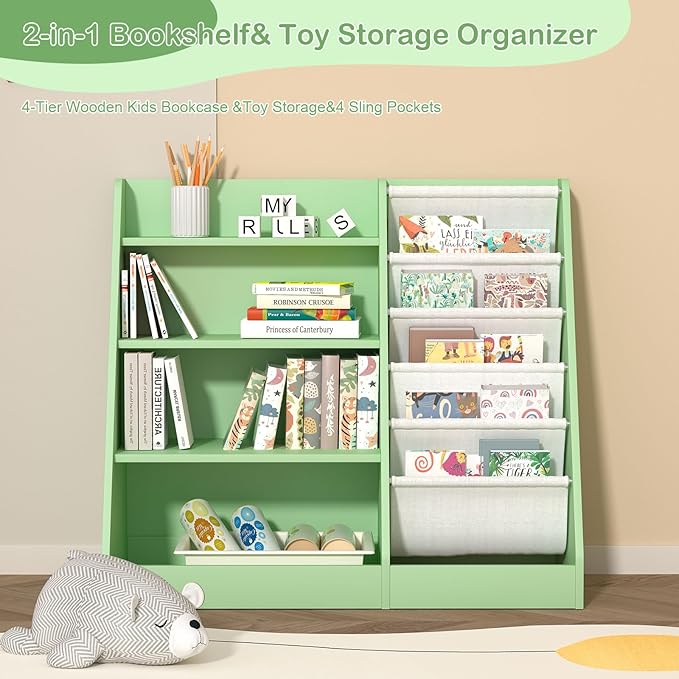 Kids Bookshelf Toddler Bookcase Children Book Rack Baby Toy Storage Organizer Child Book Display Shelf 4-Tier 5 Layer Sling Cabinet Chest Playroom Bedroom Classroom Library Green