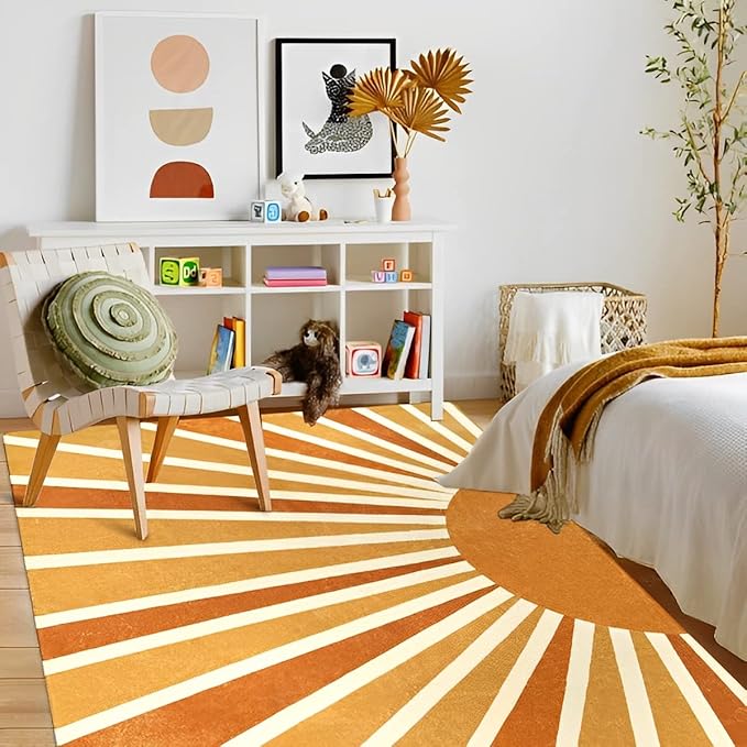 Lahome Boho Area Rug: 5'x7' Machine Washable & Non-Slip with Rainbow Sun Print for Living Room, Bedroom, Nursery, Entryway, Dining Room & Office Decor