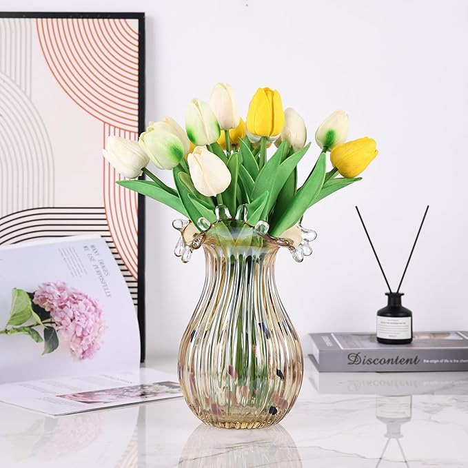 DOVDOV Hand Blown Amber Glass Art Deco Vase, Unique Wide Mouth Table Centerpiece, Perfect for Home Decor, Wedding, Engagement, or Housewarming