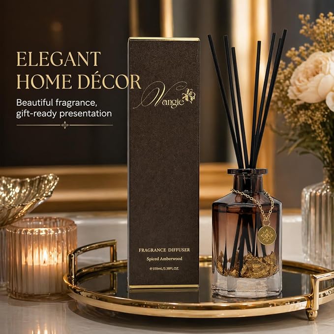VANGIE Luxury Reed Diffuser for Home | Spiced Amberwood Warm & Woody Scent | Elegant Glass Bottle with Gold Flakes | Long-Lasting, Vegan | Bedroom, Living Room & Office