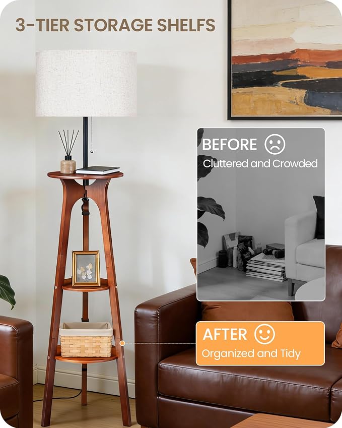 3 Tier Shelf Floor Lamps, Wood Tripod Floor Lamp, Large Linen Lampshade, 3 Color Temperature LED Bulb Included, Modern Shelf Floor Lamp for Living Room Bedroom Beige and Walnut STE25LD05