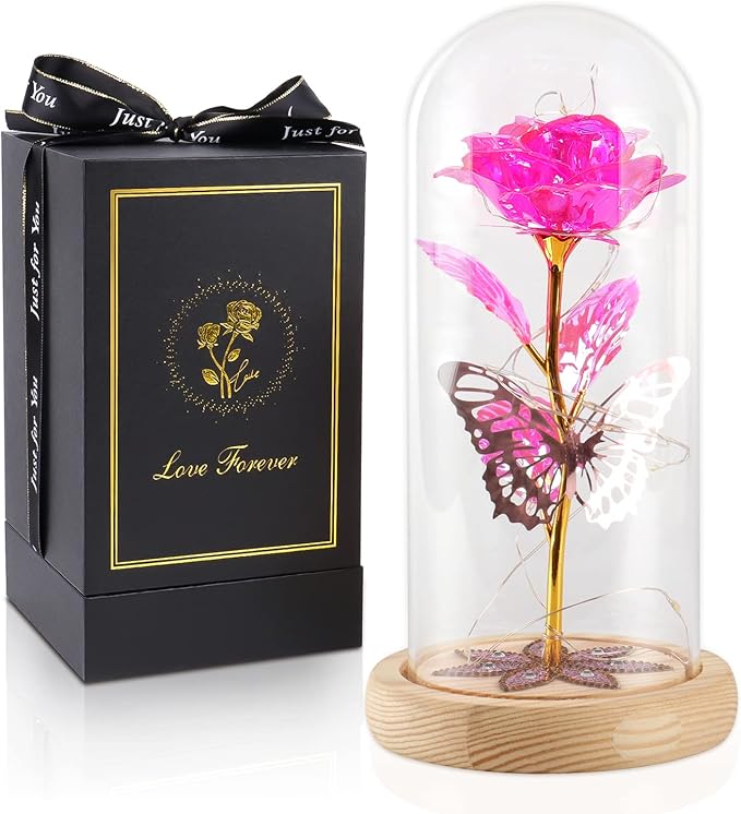 Beferr Christmas Birthday Gifts for Women, Mom Gifts for Christmas Galaxy Glass Rose Forever Preserved Flowers for Delivery Prime Rose in Glass Dome Xmas Gifts for Grandma Wife Sister Her, Pink