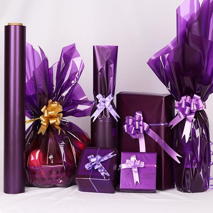 CMFYHM Violet Cellophane Wrap Roll,Colorful Cello 34 In Wide X 100 Ft Long, Translucent Colored Cellophane Wrapping Paper for Gift Baskets Wrap, Treats, Holiday, DIY Arts Crafts Decoration (Violet)